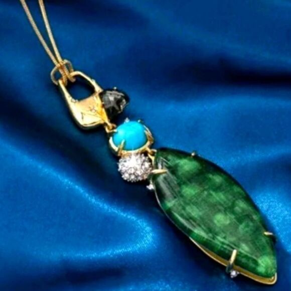 Alexis Bittar Style Blue &Jade Necklace with Turquoise Accent And Gold Chain! - Picture 1 of 1